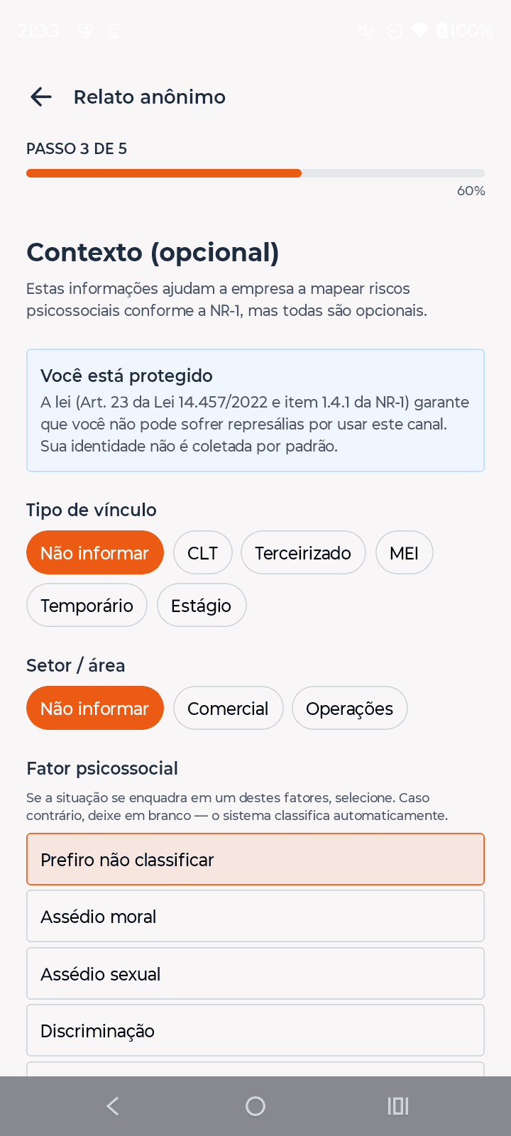 Adicione contexto NR-1 (vínculo, setor, fator) - opcional